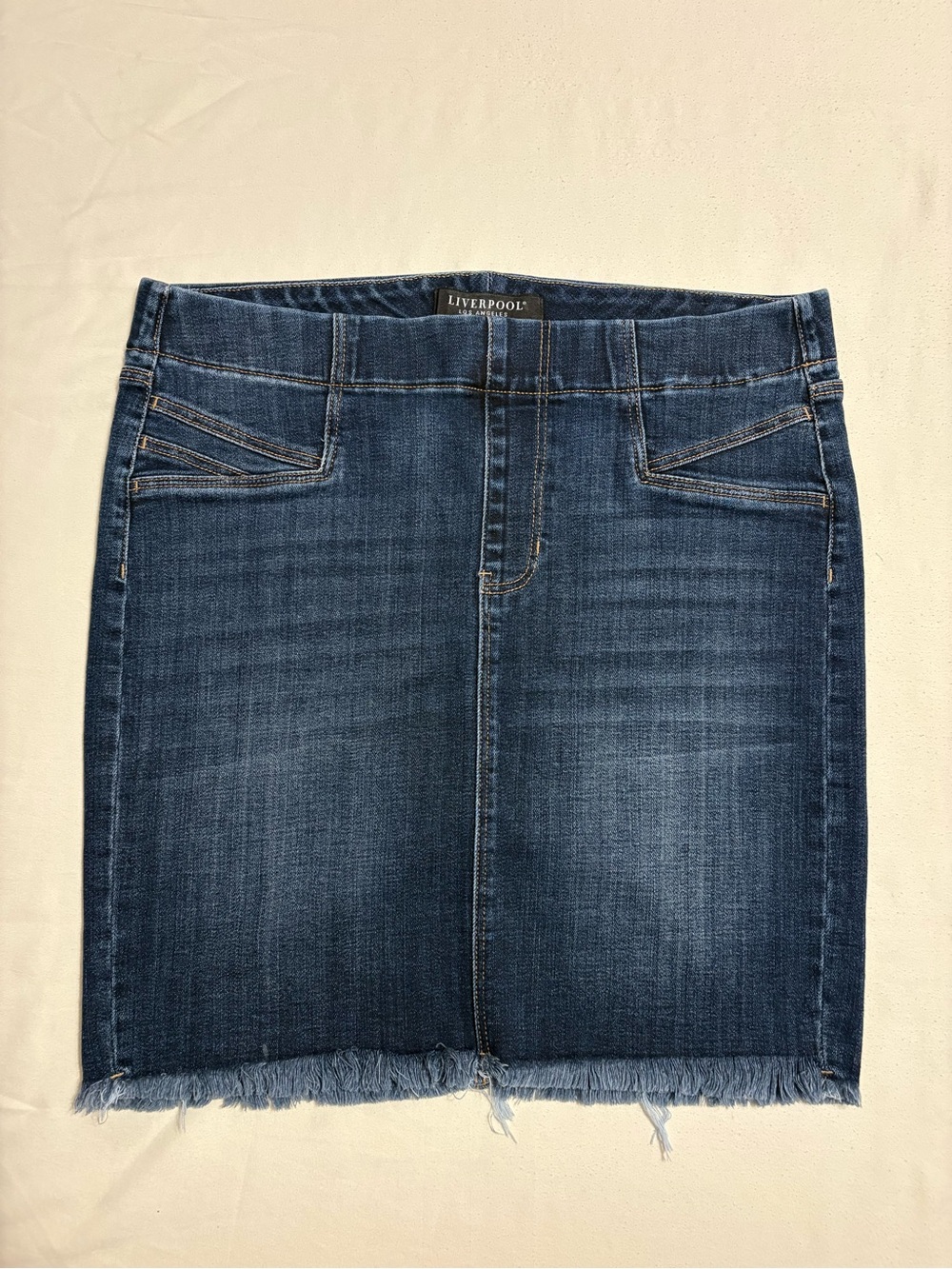Liverpool Los Angeles Dark Wash Denim Mini Skirt featuring a Frayed Raw Hem